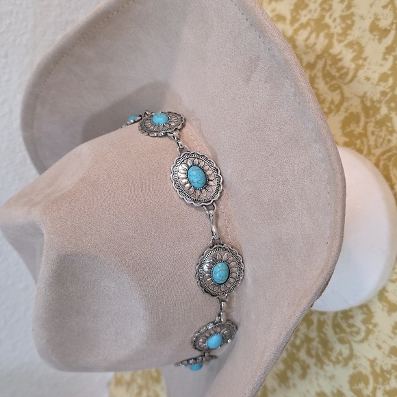 Khaki or Ivory Turquoise Oval Stone Strap Cowboy Hat made from a polye - Picture 3 of 10